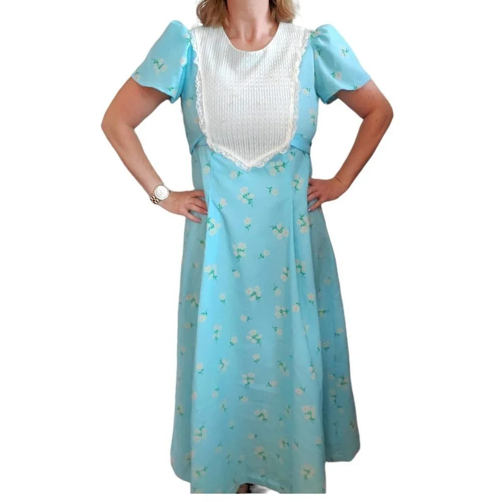 VTG Prairie Maxi‎ Dress Floral Flocked Blue Lace Puff Sleeve 1970s Coquette Sz L